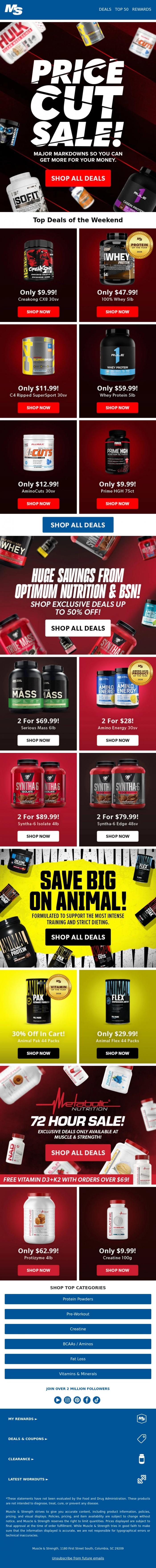Email Design Inspiration from Muscle & Strength, 72hr Price Cuts Sale
