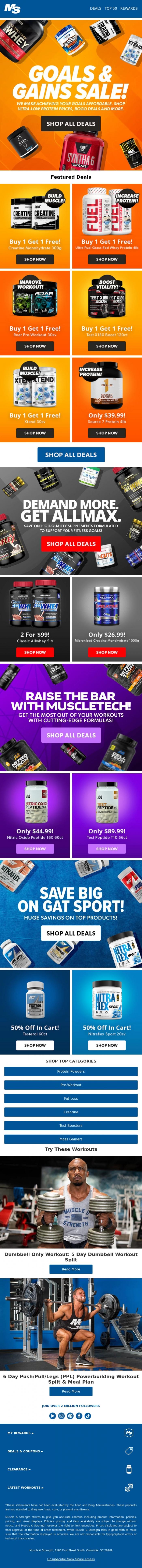 Email Design Inspiration from Muscle & Strength, Buy 1 Get 1 Free Deals + More