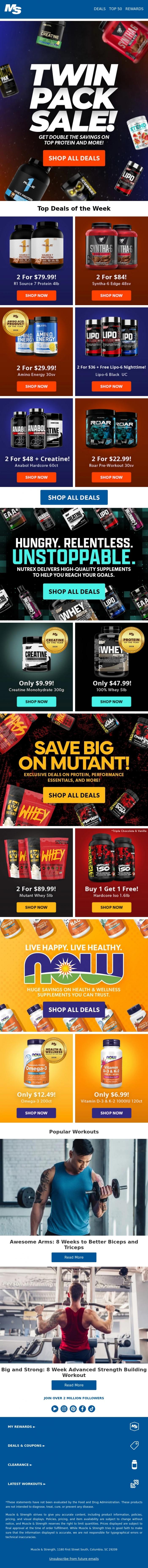 Email Design Inspiration from Muscle & Strength, Huge Twin Pack Sale