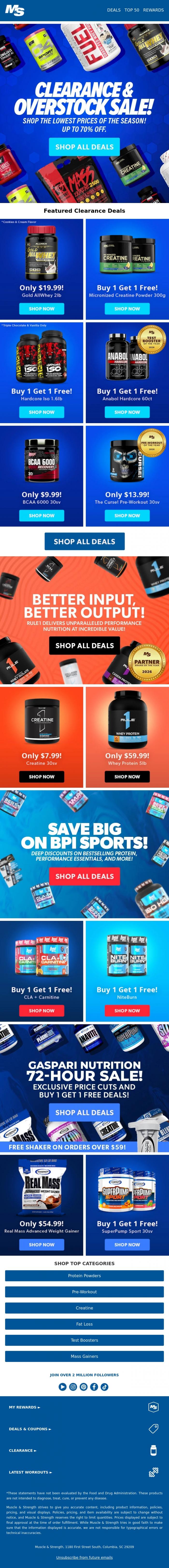Email Design Inspiration from Muscle & Strength, 72hr Clearance Sale