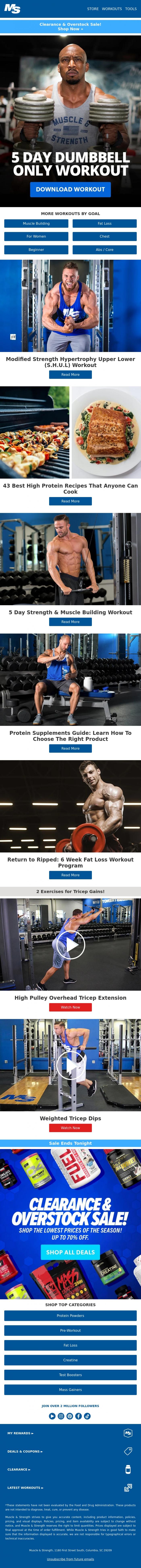 Email Design Inspiration from Muscle & Strength, 5 Day Dumbbell Only Workout