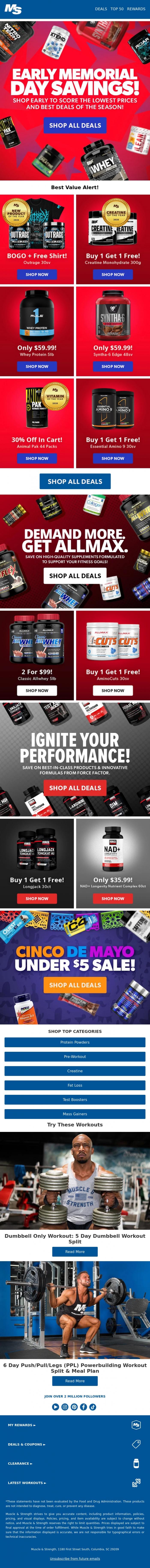 Email Design Inspiration from Muscle & Strength, Early Memorial Day Savings