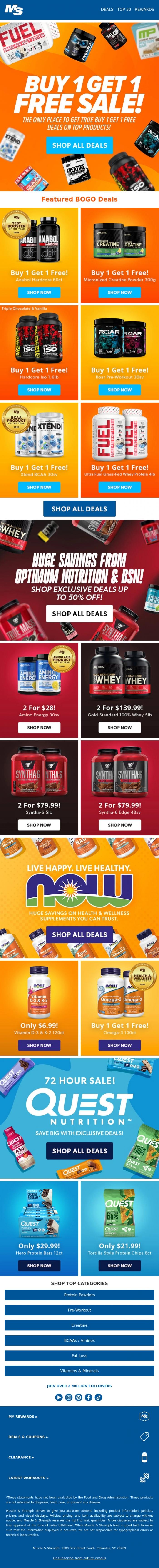 Email Design Inspiration from Muscle & Strength, 72hr BOGO Sale