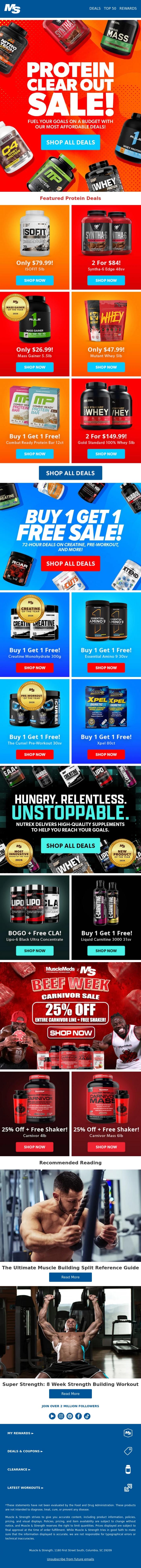 Email Design Inspiration from Muscle & Strength, Protein Clear Out Sale