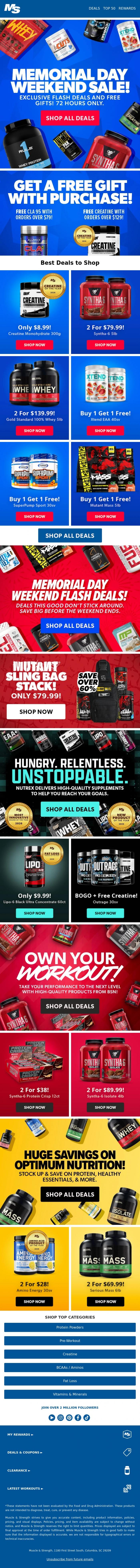 Email Design Inspiration from Muscle & Strength, Memorial Day Weekend Flash Deals ⚡