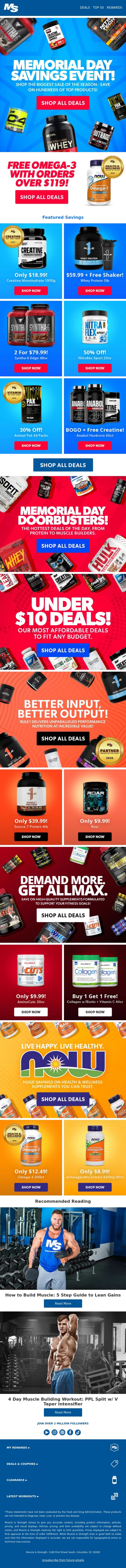Email Design Inspiration from Muscle & Strength, Memorial Day Blowout Sale