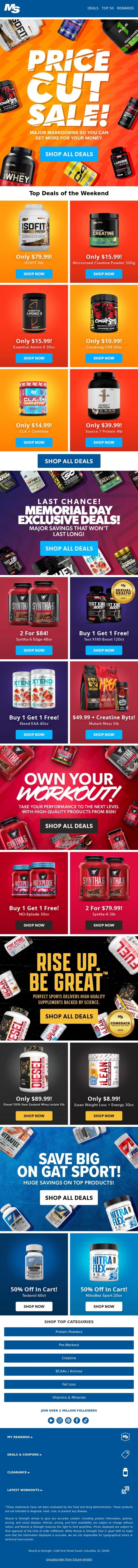 Email Design Inspiration from Muscle & Strength, 72hr Price Cuts Sale