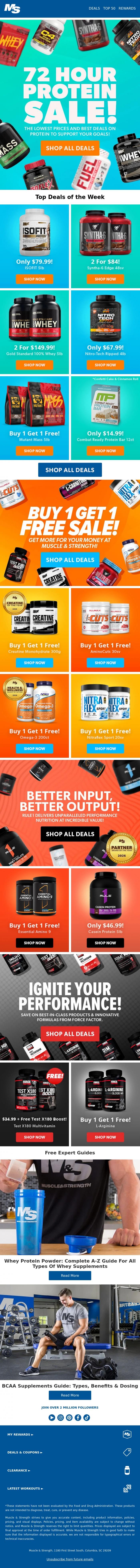 Email Design Inspiration from Muscle & Strength, Huge Protein Sale