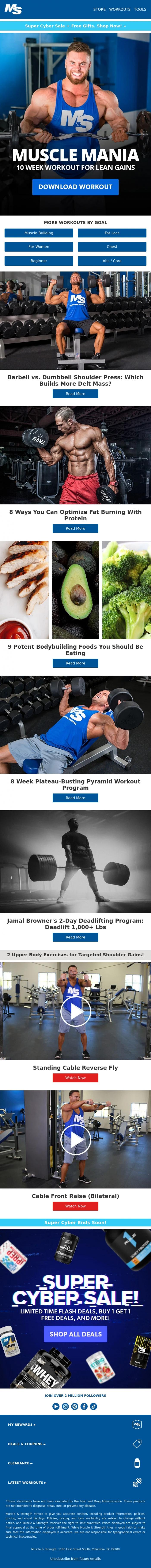 Email Design Inspiration from Muscle & Strength, Muscle Mania: 10 Week Workout for Lean Gains