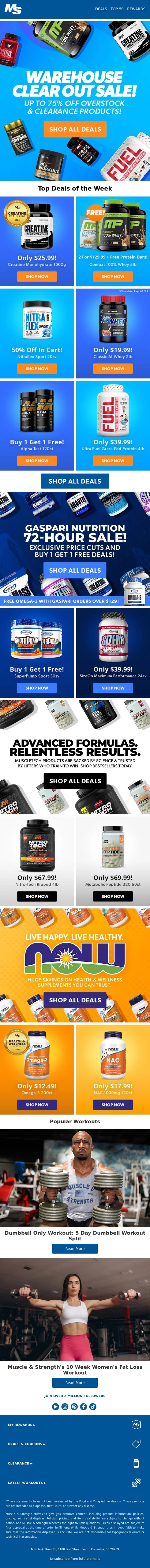 Email Design Inspiration from Muscle & Strength, Warehouse Clear Out Event