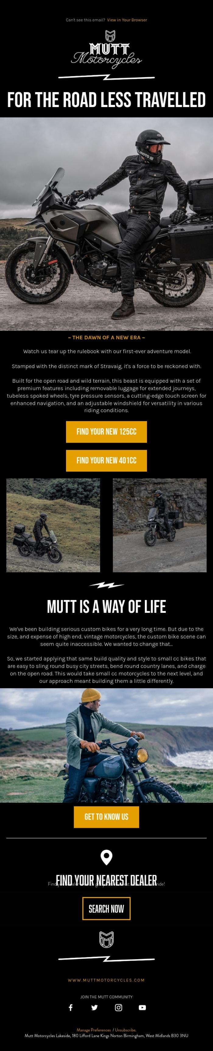 Email Design Inspiration from Mutt Motorcycles, Take The Road Less Travelled ⚡️