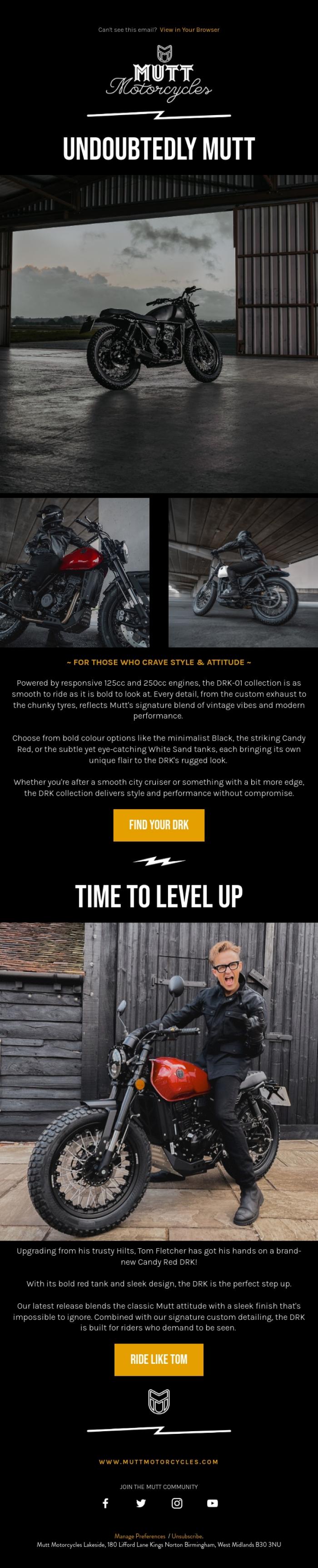 Email Design Inspiration from Mutt Motorcycles, An Upgrade for Tom Fletcher 🤘