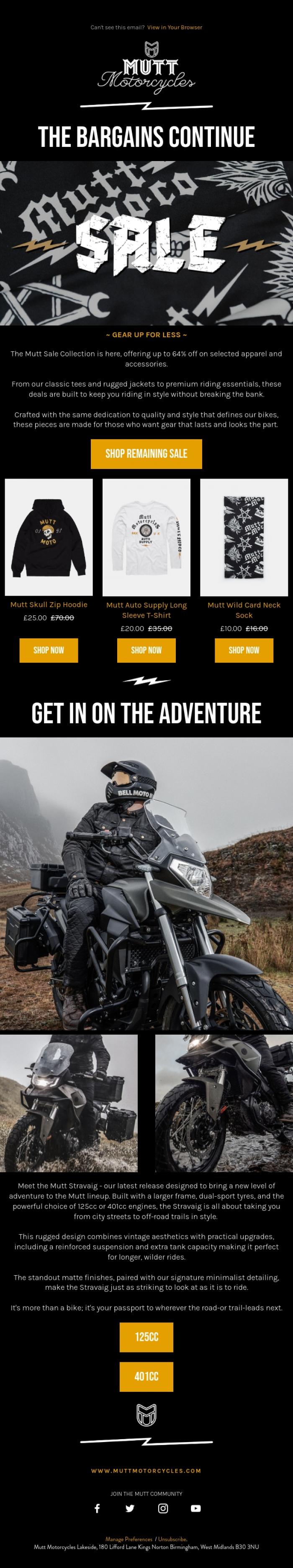 Email Design Inspiration from Mutt Motorcycles, Adventure Just Got an Upgrade ⚡️