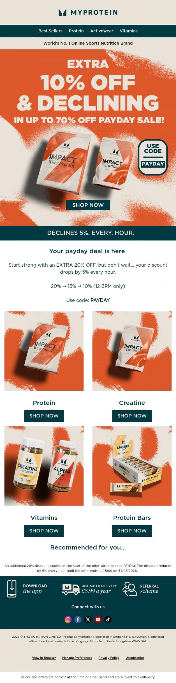 Email Design Inspiration from Myprotein, EXTRA 20% OFF & declining ⏳