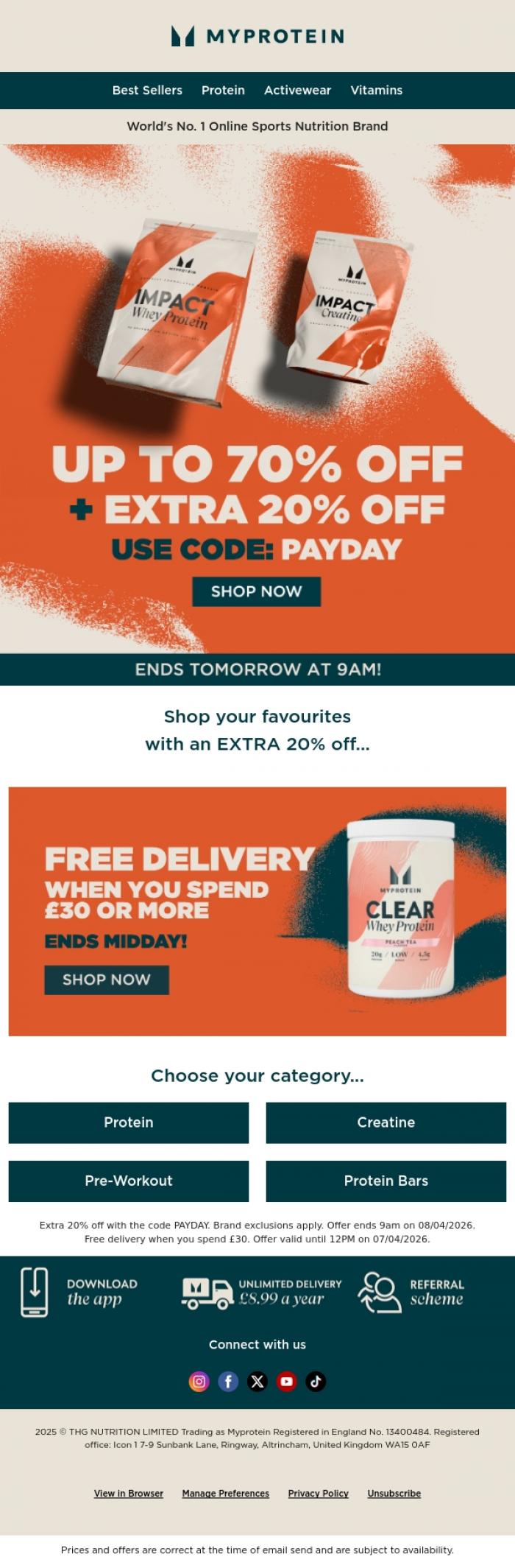 Email Design Inspiration from Myprotein, FINAL CALL. Up to 70% off sale ends tomorrow 🚨