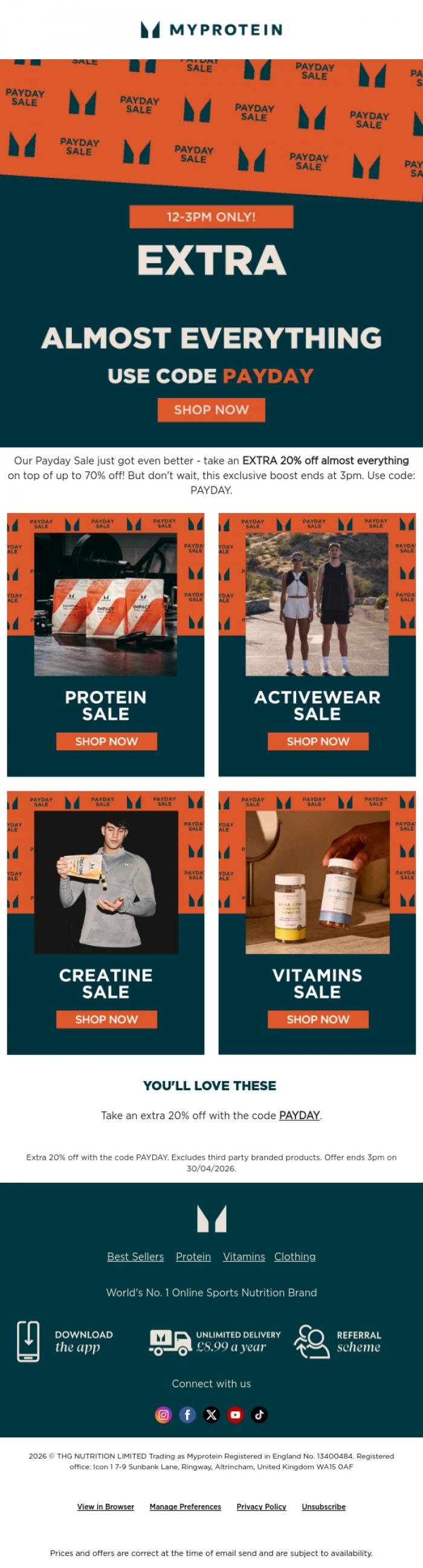 Email Design Inspiration from Myprotein, Extra 20% off almost everything until 3pm 🚨