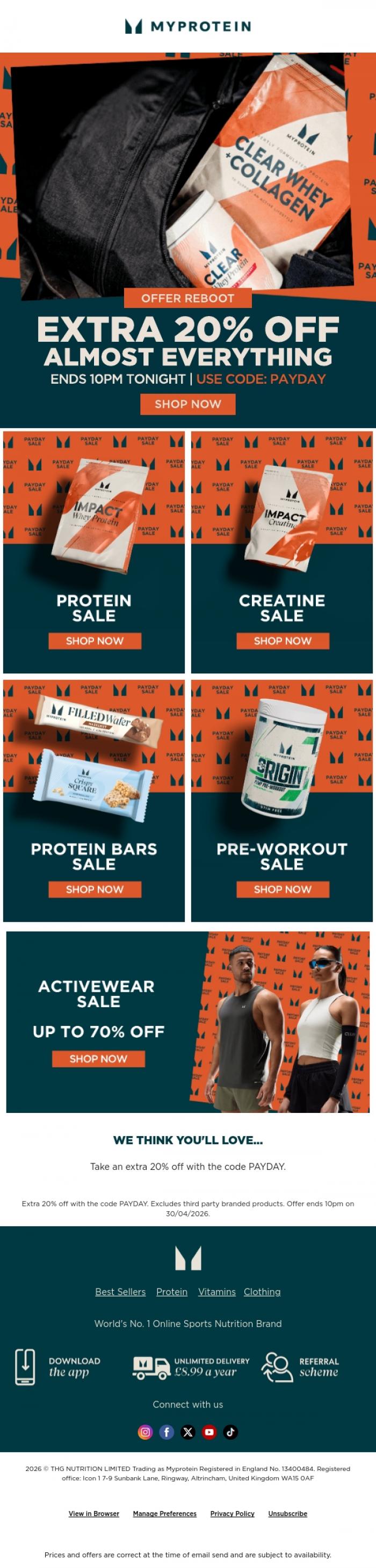 Email Design Inspiration from Myprotein, Offer reboot: Extra 20% off