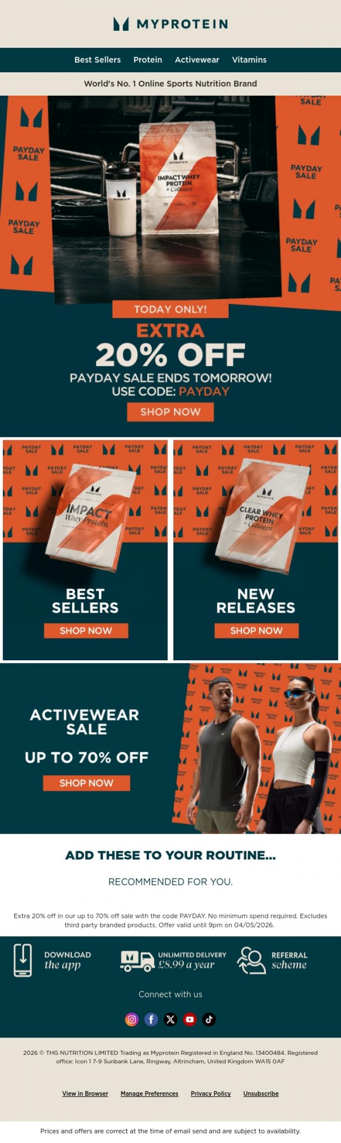 Email Design Inspiration from Myprotein, Today only: Extra 20% off 🙌