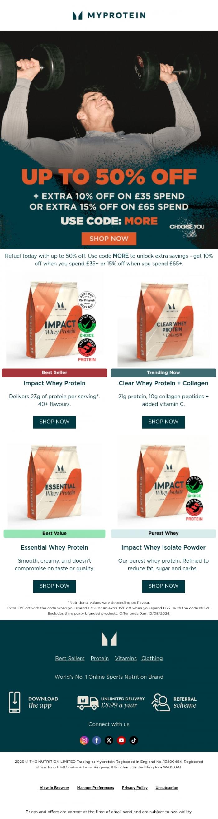 Email Design Inspiration from Myprotein, Refuel for less: Up to 50% off nutrition