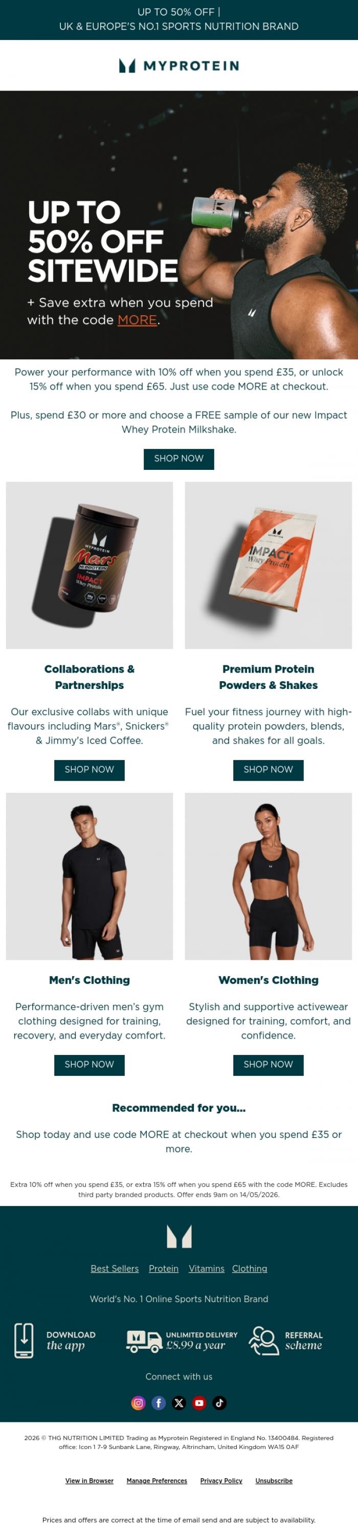 Email Design Inspiration from Myprotein, Fuel up & save with up to 50% off
