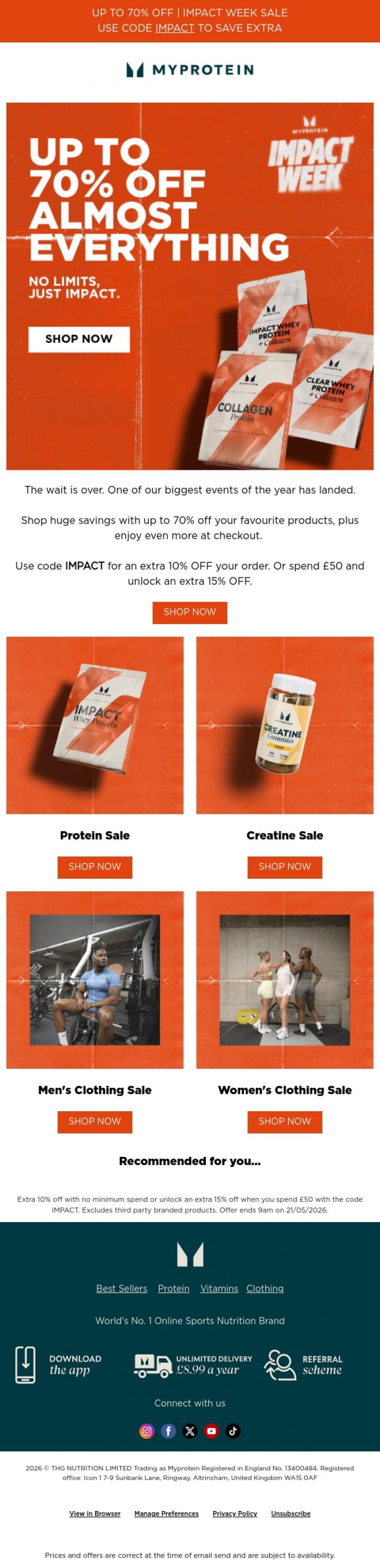 Email Design Inspiration from Myprotein, IMPACT WEEK: UP TO 70% OFF SITEWIDE 🚀