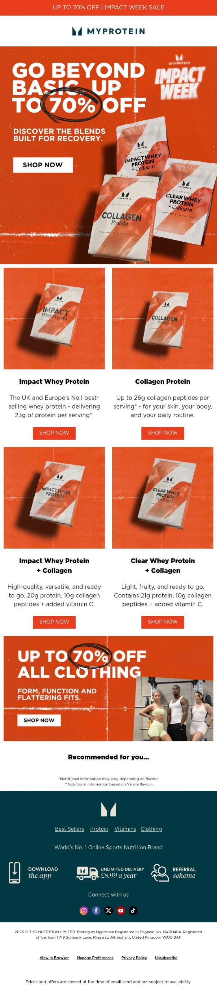 Email Design Inspiration from Myprotein, Go beyond basic: Up to 70% off