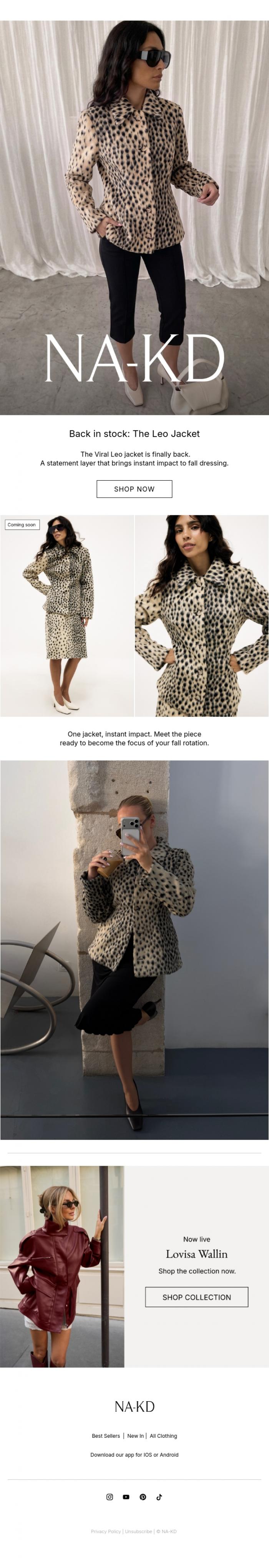 Email Design Inspiration from NA-KD.com, Back in stock: The Viral Leo Jacket