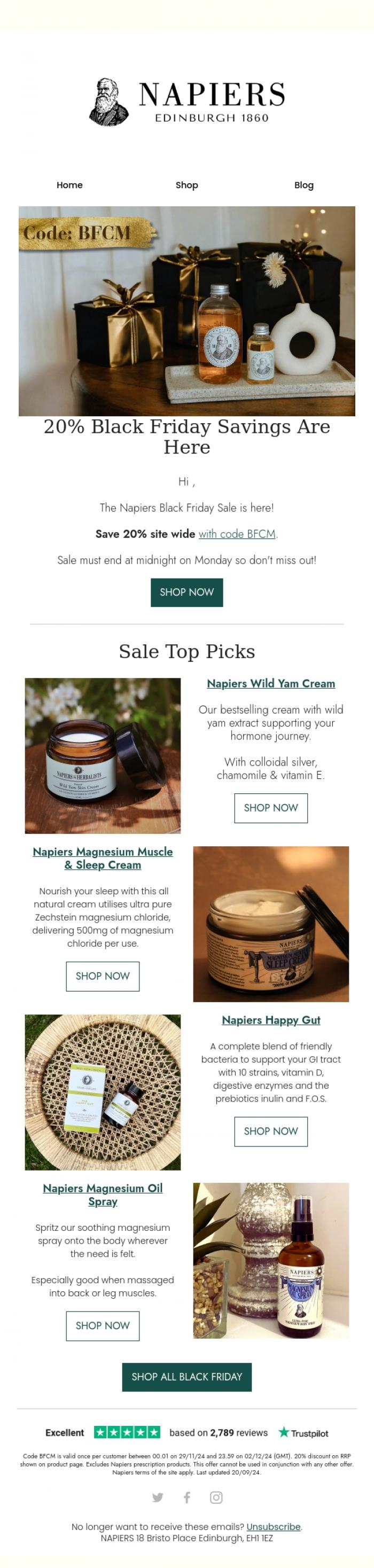 Email Design Inspiration from Napiers, Save 20% | The Napiers Black Friday Sale Has Landed
