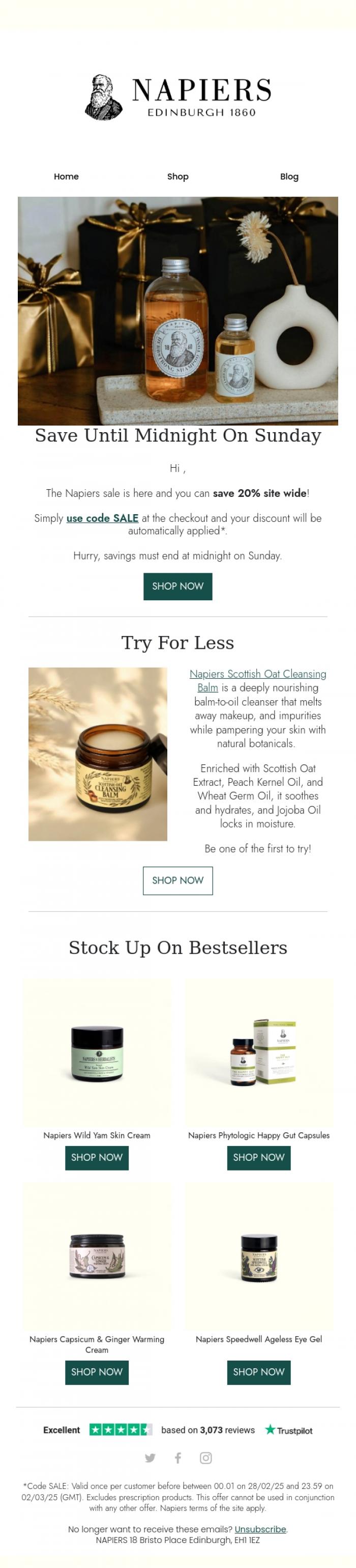Email Design Inspiration from Napiers, Limited Time: Save 20% | The Napiers Sale Has Arrived