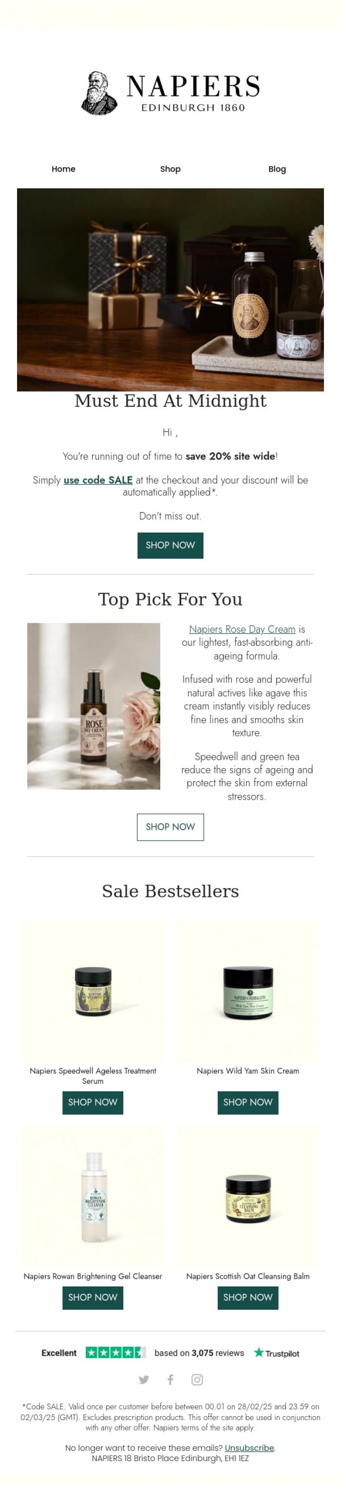 Email Design Inspiration from Napiers, Last Chance To Save 20% | Must End At Midnight