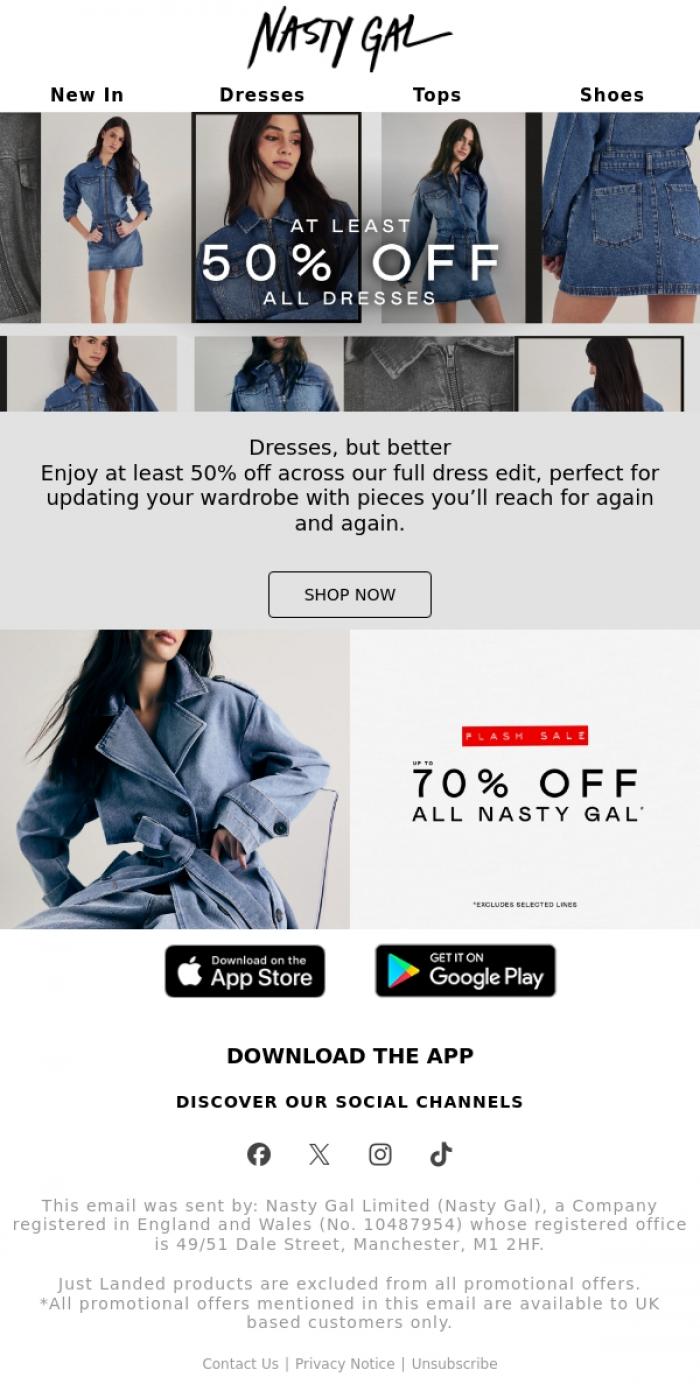 Email Design Inspiration from Nasty Gal, Dresses you'll love, at least 50% off