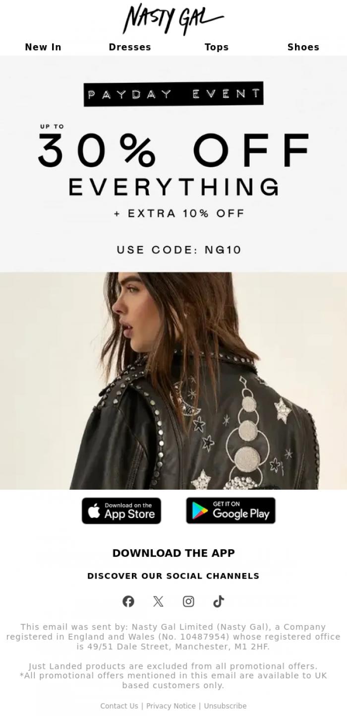 Email Design Inspiration from Nasty Gal, Up to 30% OFF + Extra Savings 💖