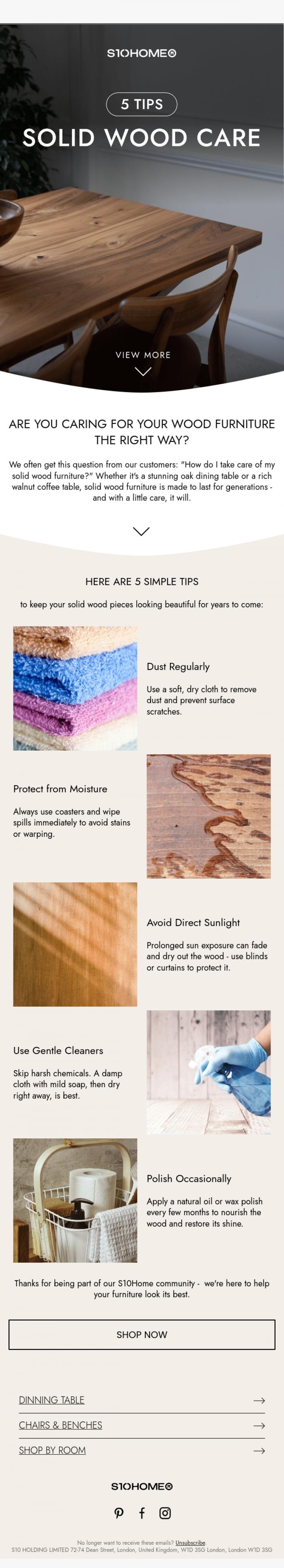 Email Design Inspiration from Natalie at S10Home, 5 Easy Tips to Keep Your Solid Wood Furniture Looking Flawless