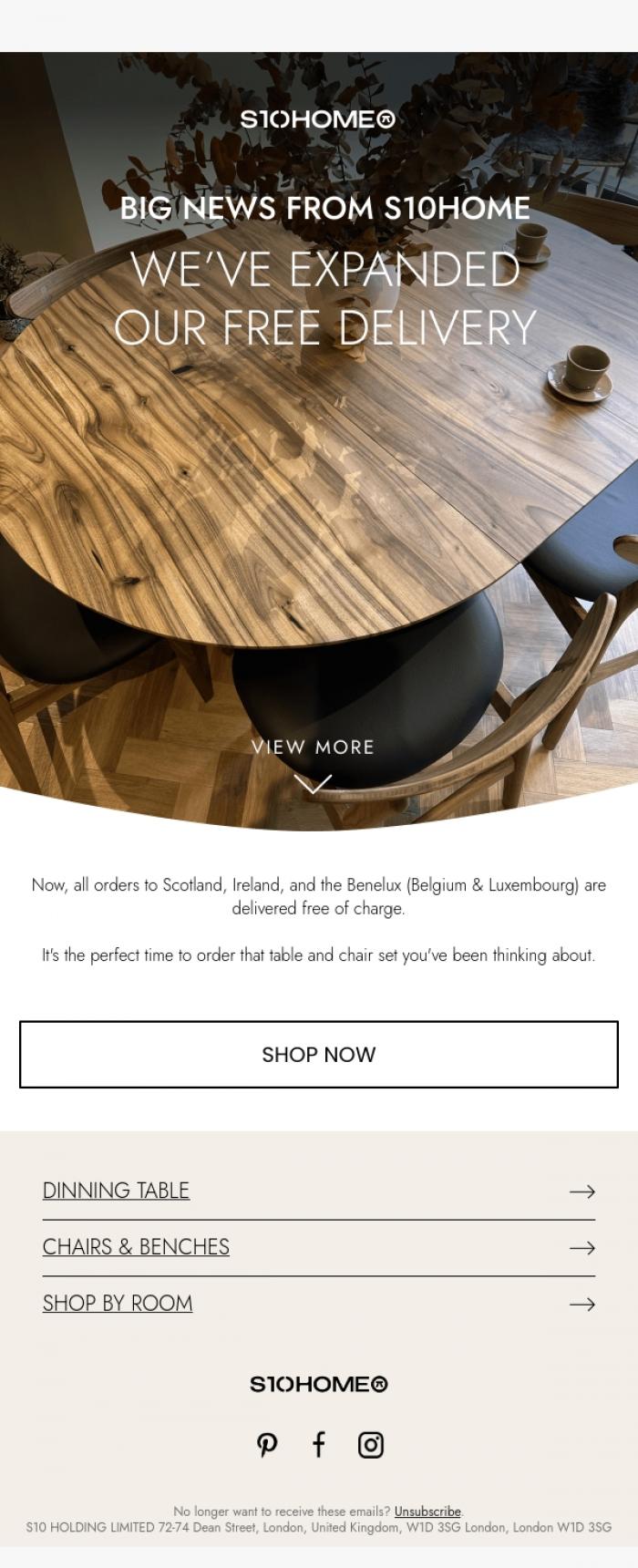 Email Design Inspiration from Natalie at S10Home, Good News: Free Delivery Just Got Bigger