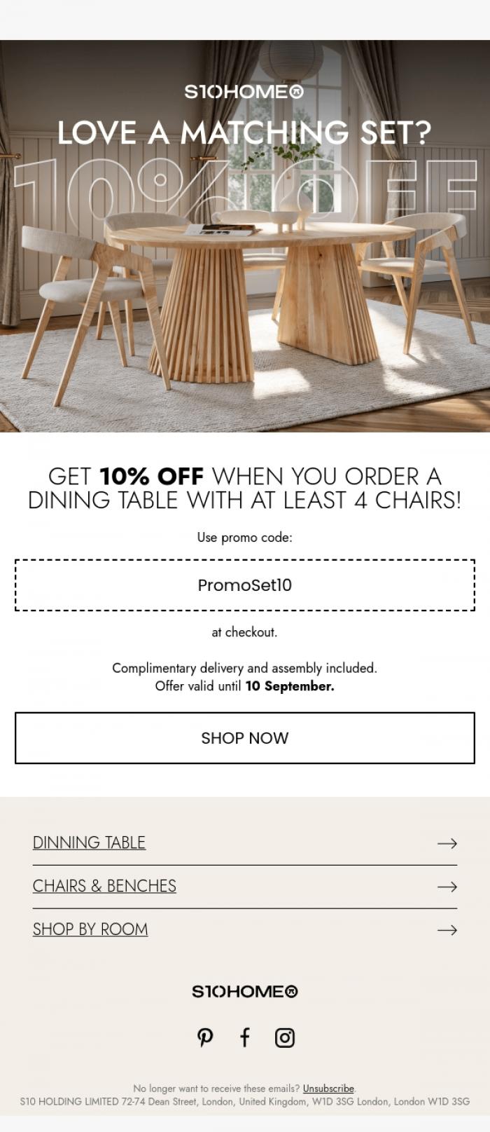 Email Design Inspiration from Natalie at S10Home, Bundle & Save - 10% Off Dining Sets 🍽️