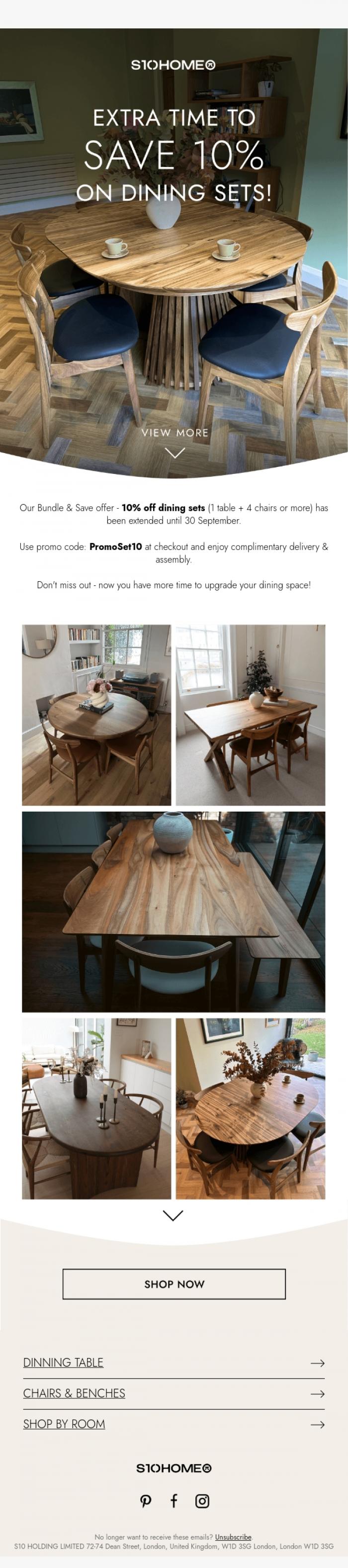 Email Design Inspiration from Natalie at S10Home, Extra Time to Save 10% on Dining Sets!