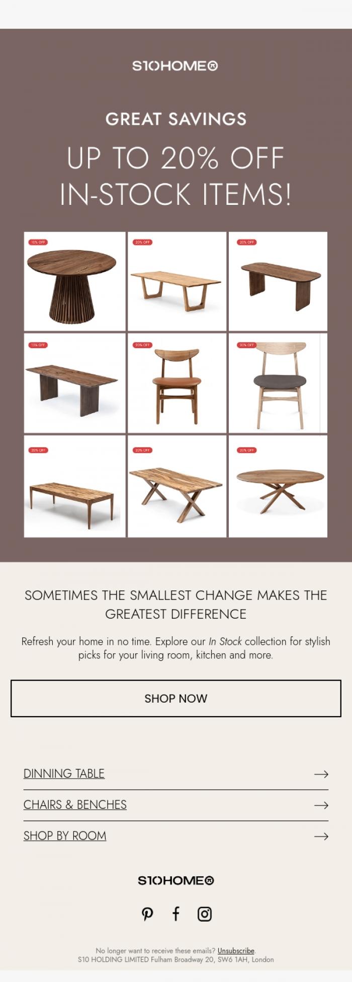 Email Design Inspiration from Natalie at S10Home, ✨ Great savings - up to 20% off in-stock items!