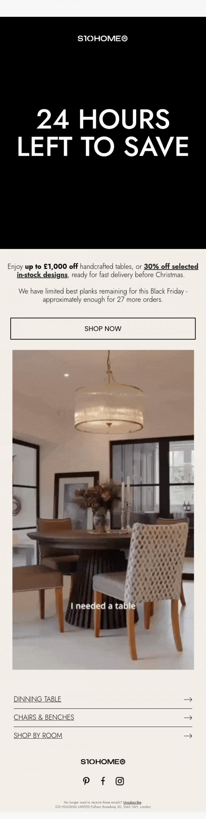 Email Design Inspiration from Natalie at S10Home, Last hours: Black Friday ends tonight Inbox  Last hours: Black Friday ends tonight