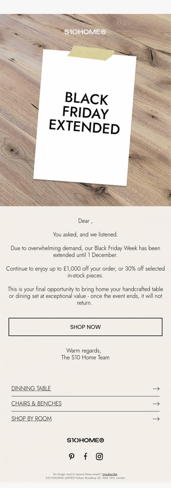 Email Design Inspiration from Natalie at S10Home, Sale Extended: Discover Black Weekend