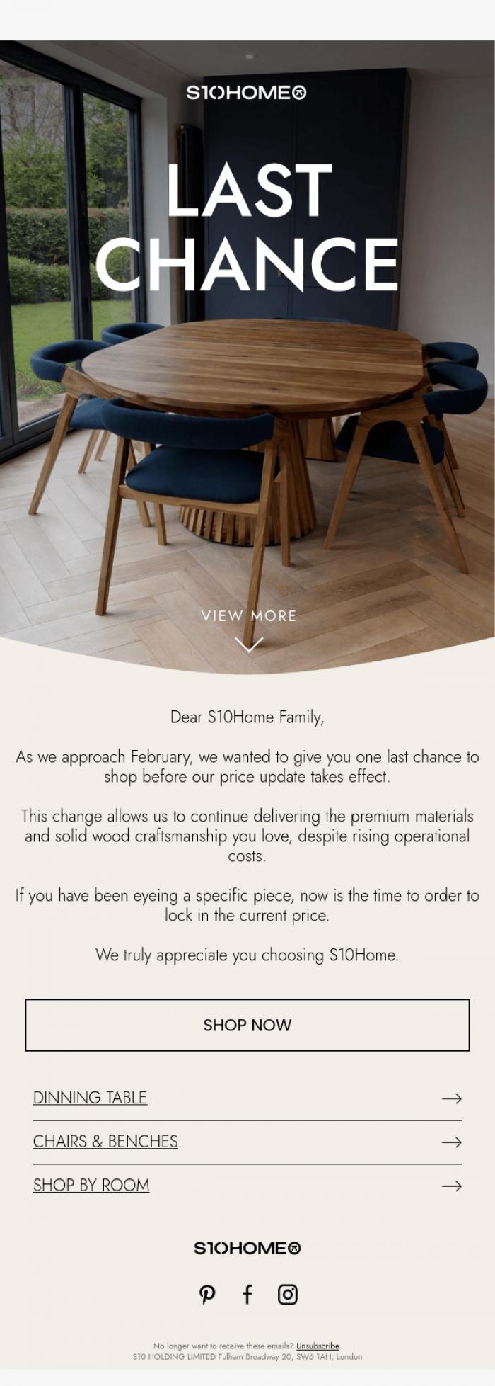 Email Design Inspiration from Natalie at S10Home, Your size. Your finish. Your price (for now).