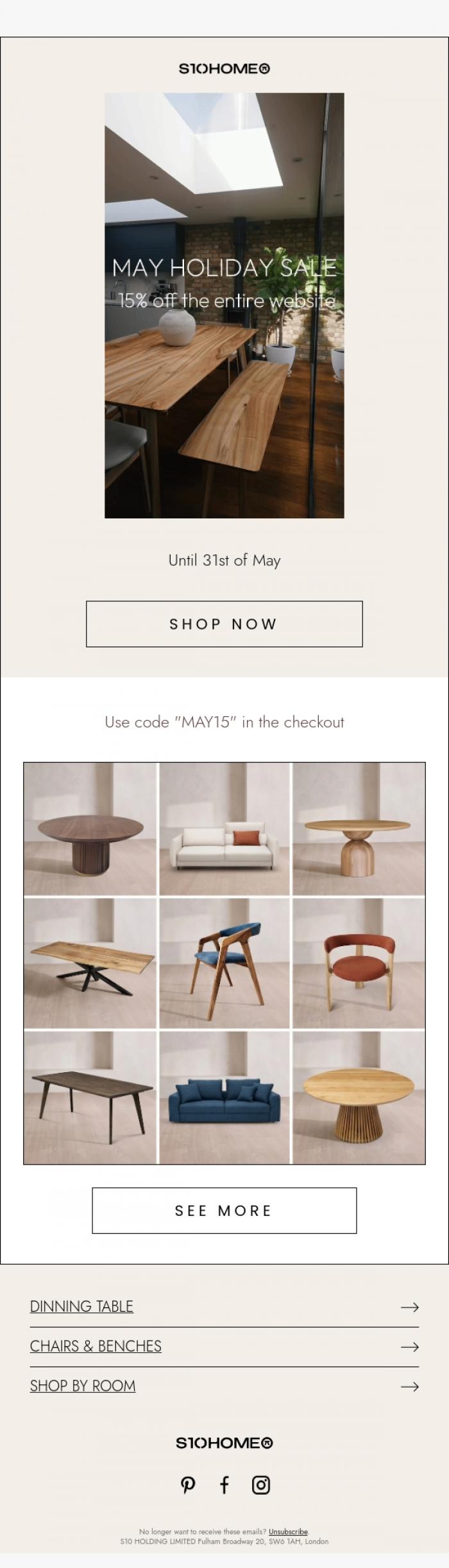 Email Design Inspiration from Natalie at S10Home, ⚡ May Day Sale - 15% Off Sitewide
