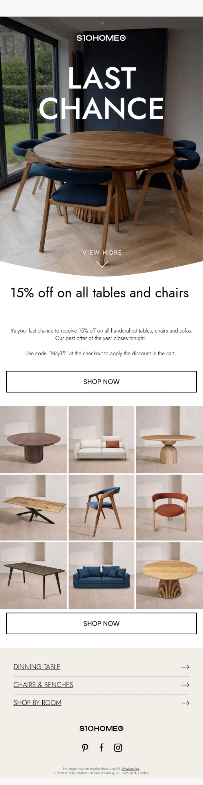 Email Design Inspiration from Natalie at S10Home, Ends today: 15% off all tables and chairs