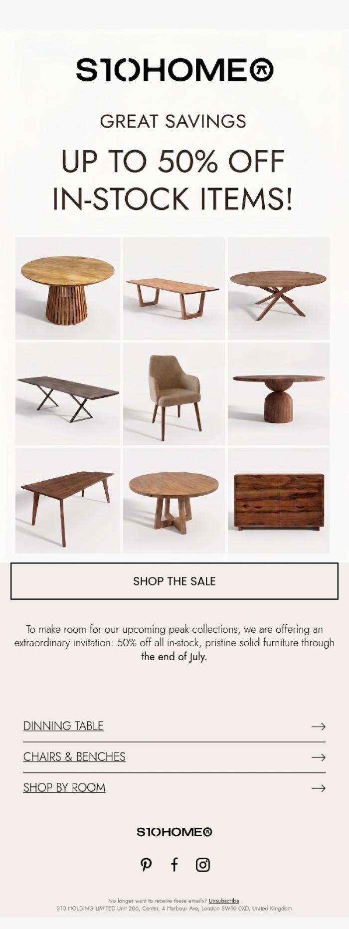 Email Design Inspiration from Natalie at S10Home, ⚡ 50% OFF on All In-Stock Tables