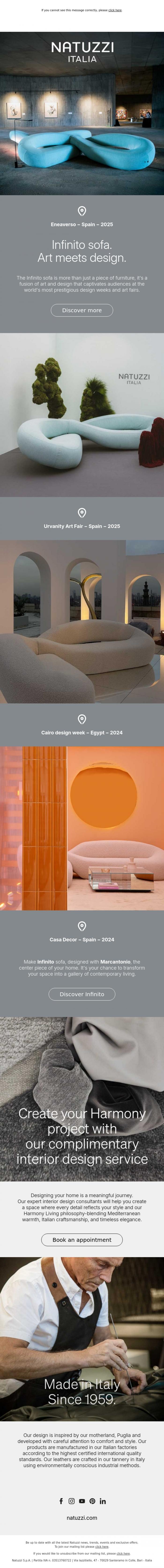 Email Design Inspiration from Natuzzi Italia, Infinito sofa. Art meets design.