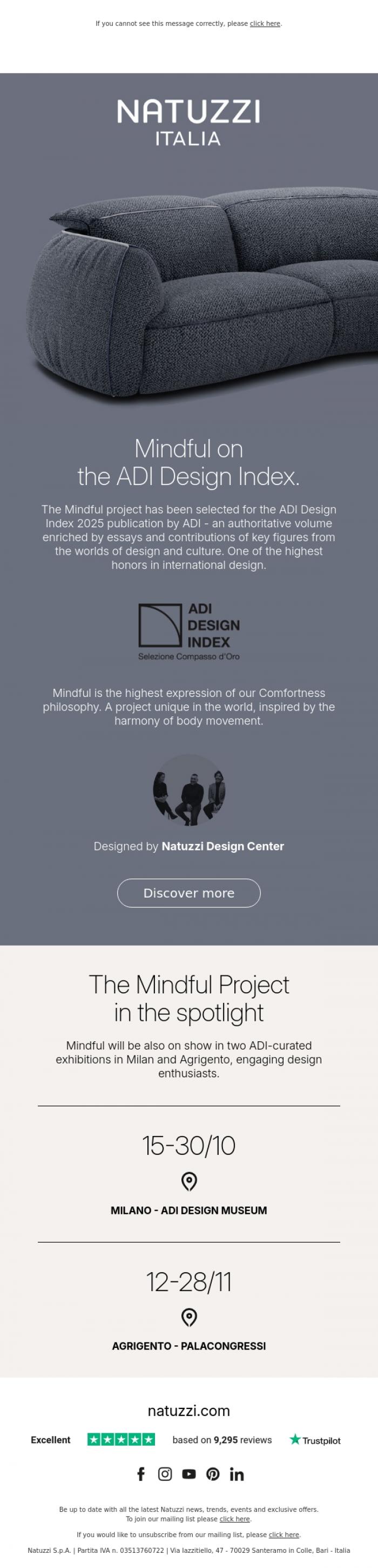 Email Design Inspiration from Natuzzi Italia, Mindful has been selected for the ADI Design Index 2025.