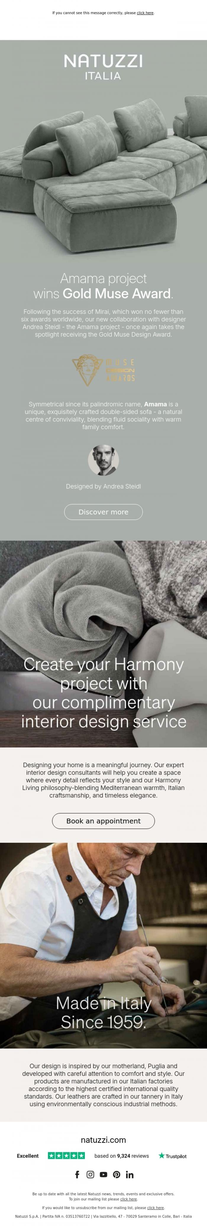 Email Design Inspiration from Natuzzi Italia, Amama is the Muse Design Award 2025 Gold Winner.