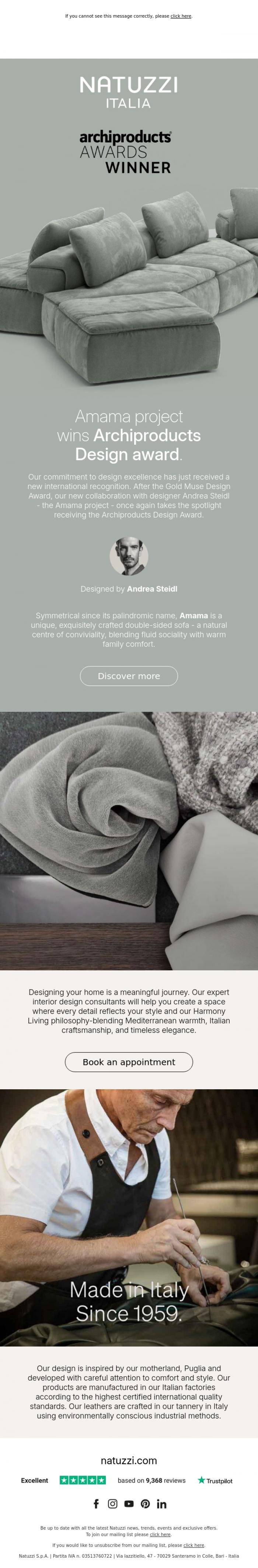 Email Design Inspiration from Natuzzi Italia, Amama is the Archiproducts Design award 2025 Winner.