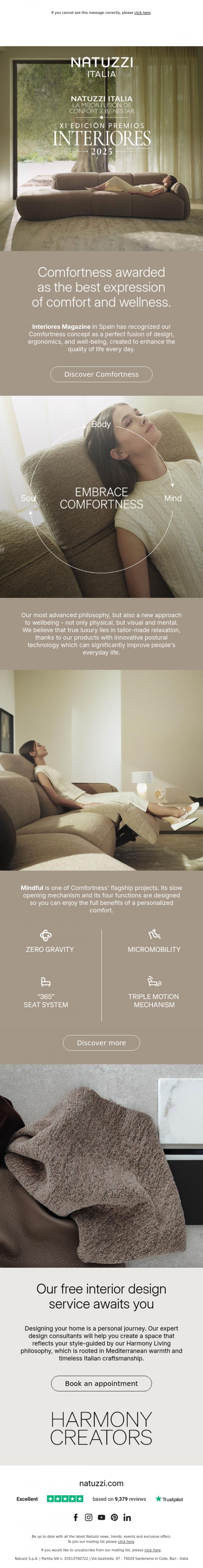 Email Design Inspiration from Natuzzi Italia, Comfortness awarded by Interiores Magazine in Spain.
