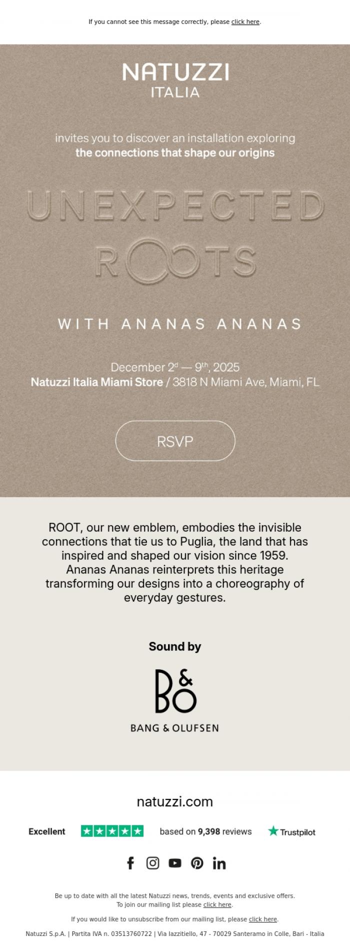 Email Design Inspiration from Natuzzi Italia, Unexpected Roots. A Mediterranean experience in Miami.