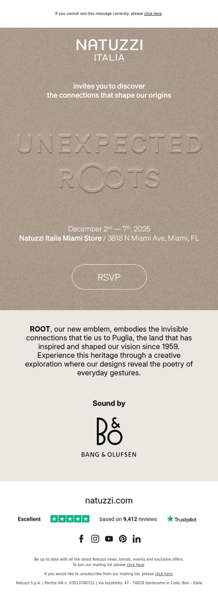 Email Design Inspiration from Natuzzi Italia, Unexpected Roots. A Mediterranean experience in Miami.